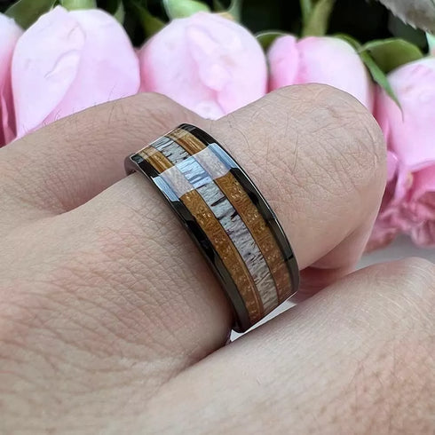 Men's 8mm Tungsten Deer Antler Whiskey Barrel Wood Inlay Engagement Wedding Band